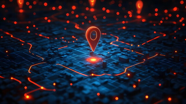 Red glowing location pin on a 3d digital grid.