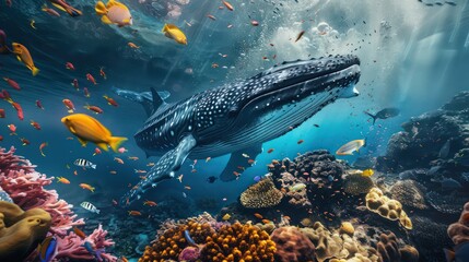 Fototapeta premium Whale Swimming Through Coral Reef