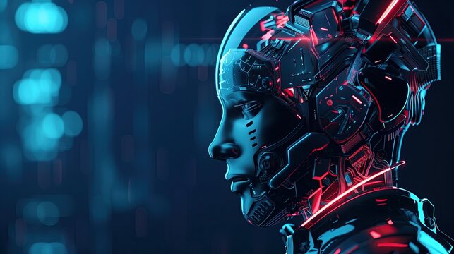 Futuristic 3D profile of human face with glowing neural connections in digital space.Artificial intelligence in the modern world.Free space