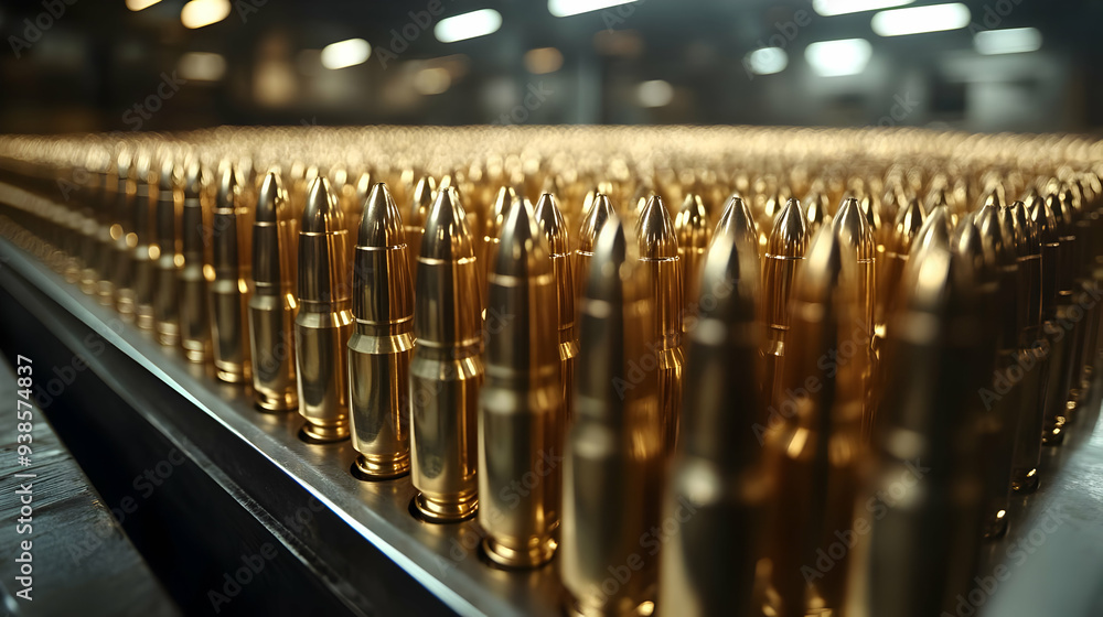 Wall mural Rows of shiny golden bullets lined up in a factory.