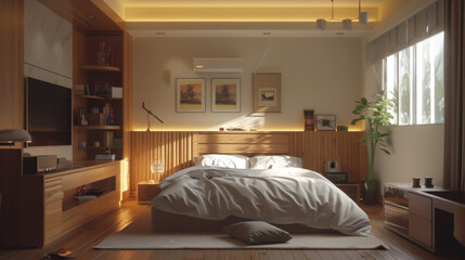 A clean and well-organized bedroom with natural, realistic lighting