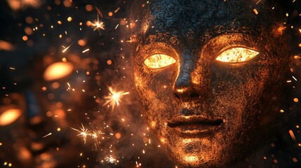 24. Bonfire Night (UK), dark sky background with bonfires and fireworks, Guy Fawkes masks and sparklers scattered, festive and historical, 3D illustration