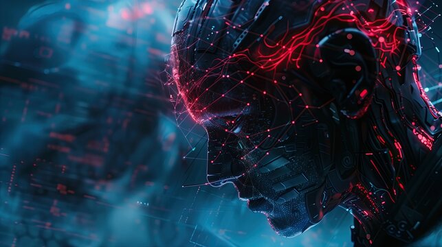 Futuristic 3D profile of human face with glowing neural connections in digital space.Artificial intelligence in the modern world.Free space - Powered by Adobe