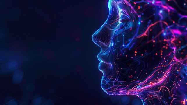 Futuristic 3D profile of human face with glowing neural connections in digital space.Artificial intelligence in the modern world.Free space