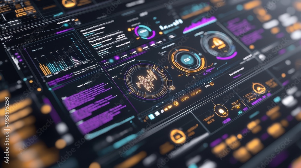 Poster futuristic digital interface with glowing data and charts