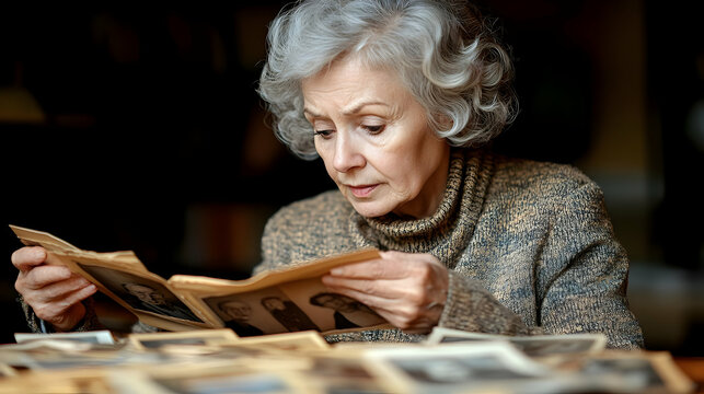 Senior woman looking at old photos with a thoughtful expression.