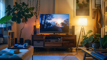 A clutter-free TV room featuring stylish decor, clean lines, and soft, natural lighting for a cozy environment.