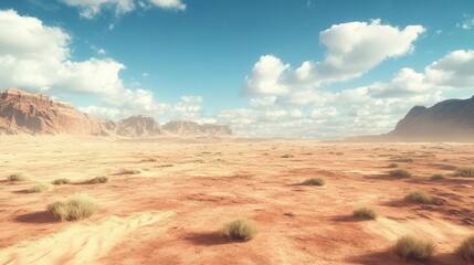 Naklejka premium A desert landscape with a few bushes and a spectacular sky