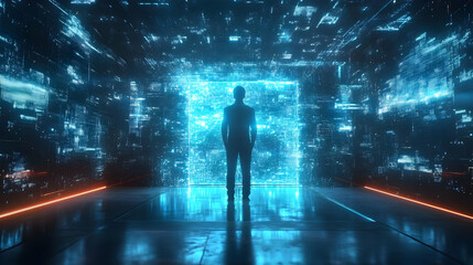 Silhouette of a man standing in a futuristic digital space with glowing blue and orange lights.