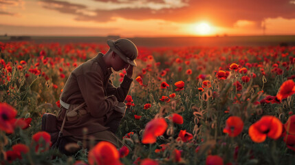 A young soldier praying by the red poppies