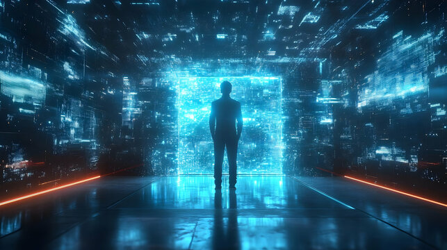 Silhouette of a man standing in a futuristic digital space with glowing blue and orange lights.