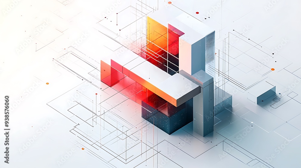 Poster abstract geometric shapes suggest futuristic architecture and technological innovation.