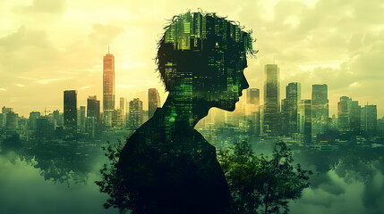 Silhouette of a person with a cityscape overlayed on their face, set against a hazy background with trees.