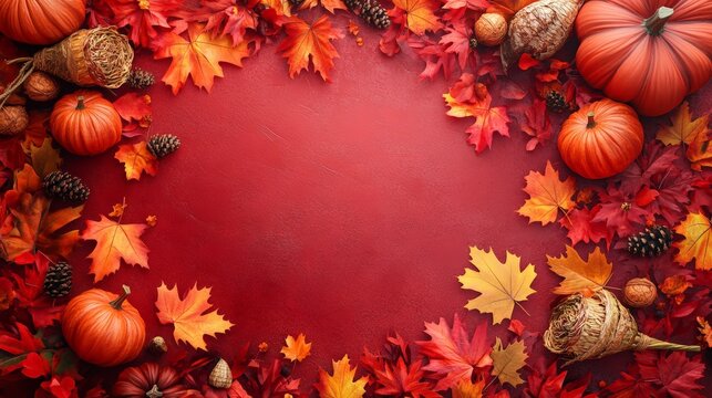 31. Thanksgiving (Canada), warm red and gold background with maple leaves and pumpkins, cornucopia and turkeys scattered, cozy and festive, 3D illustration