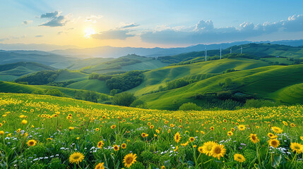 Obraz premium Wind Turbines on Green Hill Under Clear Sky 