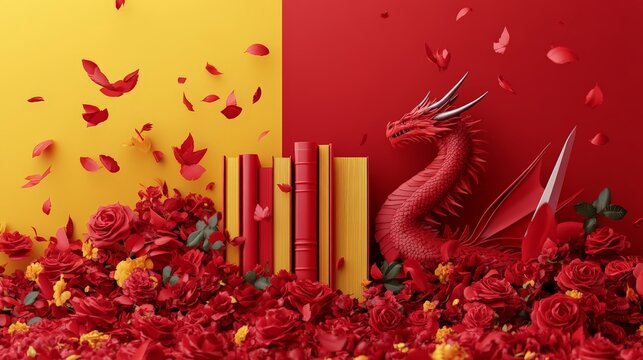 35. Sant Jordi (Spain), red and yellow background with books and roses, dragons and swords scattered, romantic and cultural, 3D illustration
