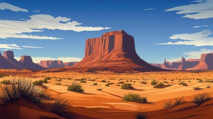 Naklejka premium A desert landscape with a few bushes, a majestic stone mountain, and a spectacular sky