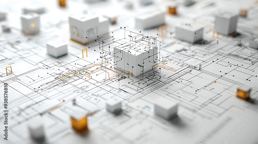 Poster abstract 3d architectural blueprints depict cubes in a futuristic layout.