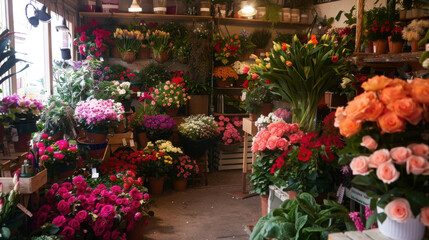 A cozy flower shop filled with a variety of bright and beautiful flowers, creating a welcoming ambiance.
