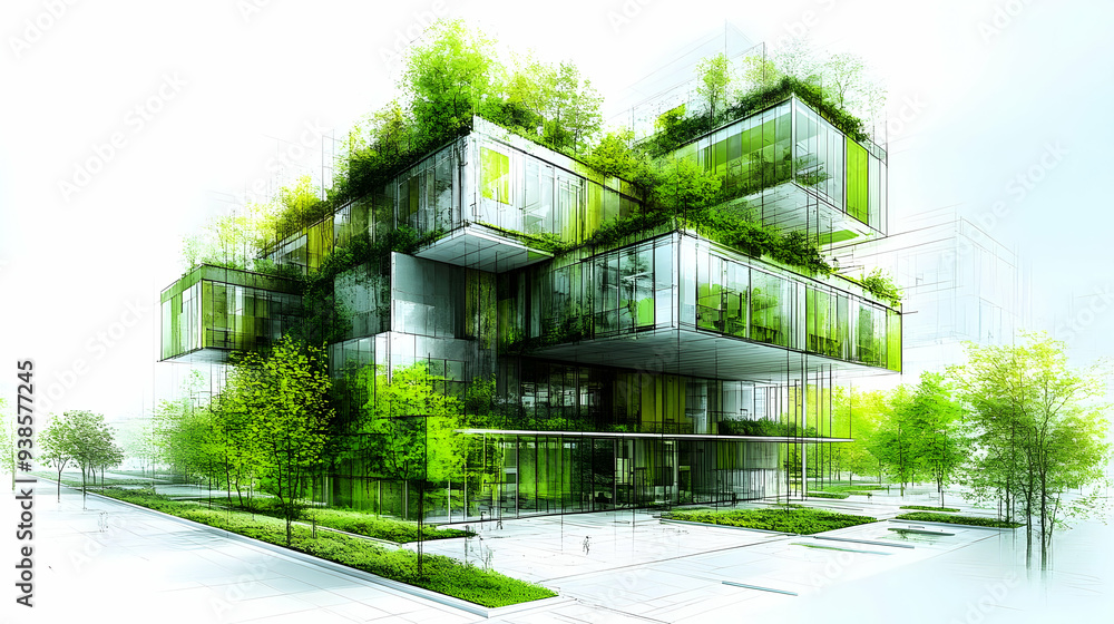 Poster sketch of modern green building with trees and greenery.