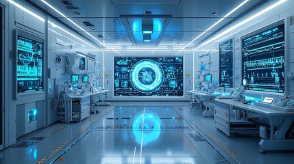 Advanced technology and digital screens fill a cutting-edge futuristic medical laboratory.