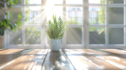 Blurred background of a table with a plant ontop