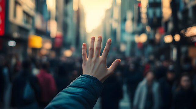 hand signaling 'stop' in the midst of a crowded, busy street, emphasizing urgency and the need for attention.
