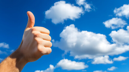 Thumbs-up for approval on blue sky and white cloud background.
