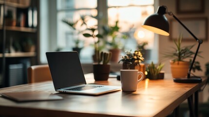 A bright workspace with a laptop, coffee cup, and a desk lamp on a stylish table, creating an inviting and productive atmosphere.