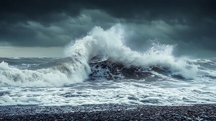 Obraz premium On a rocky beach, stormy skies loom as dramatic ocean waves surge onto the shore.