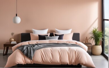 A comfy bedroom with a bed dressed in soft peach fuzz color bedding. Modern trendy tone hue shade