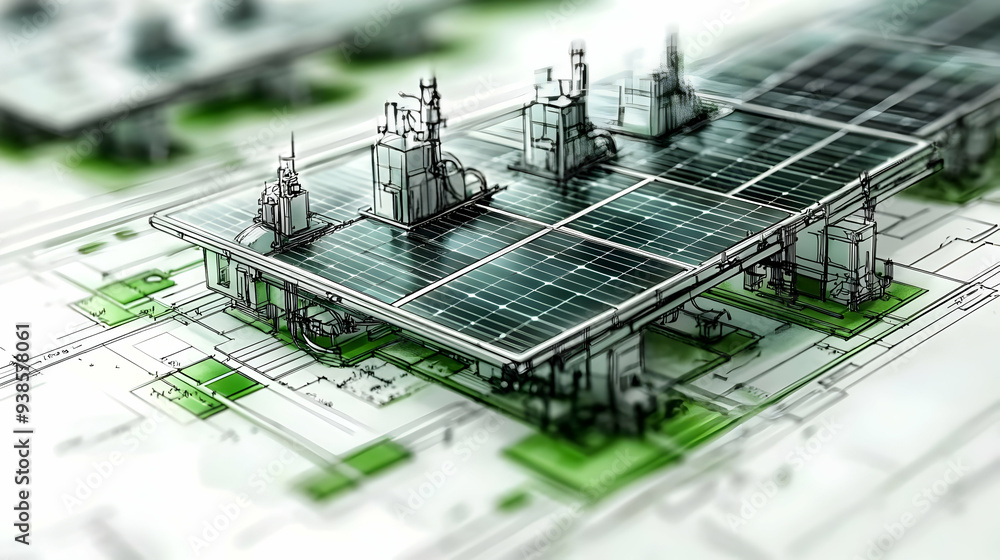 Aufkleber solar panel array sketched on blueprint with green accents.