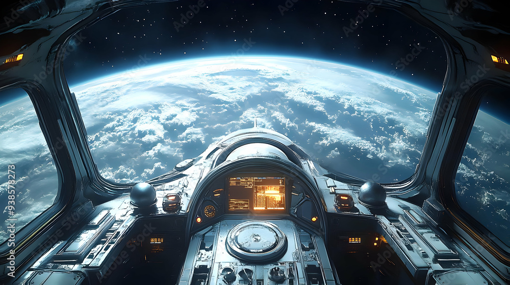 Poster spaceship cockpit view of earth from space with a view of the clouds.