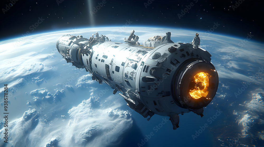 Poster spaceship with fiery engine and earth in background.