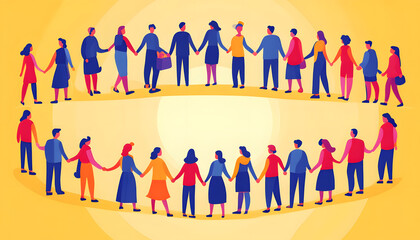 Illustration of different groups of people holding hands. Unity, community, the nature of teamwork, cooperation, the concept of helping each other in a multicultural society, ai, generative, 생성형, kore