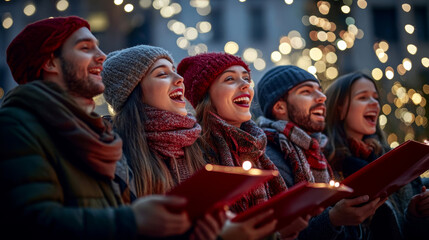 group of friends singing Christmas carols outdoors, bundled in festive scarves and hats