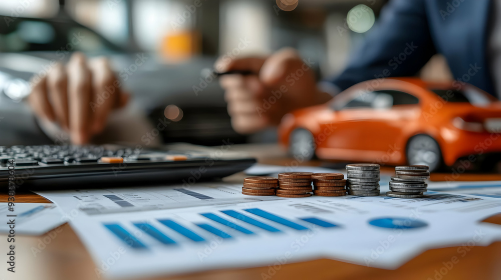 Sticker Stacks of coins on financial documents with a car in the background.