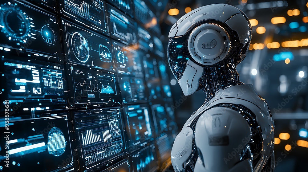 Poster a futuristic robot analyzes data, its screens filled with complex information.
