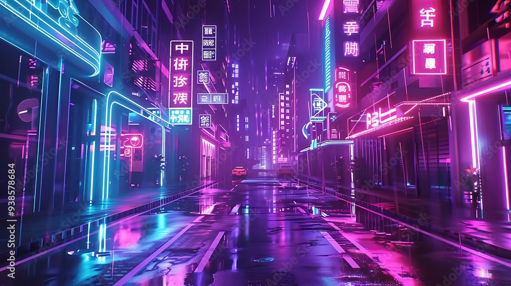 Poster A vibrant, neon-lit urban street scene reflecting a futuristic atmosphere.