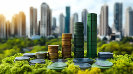Stacks of coins with cityscape background on green moss.