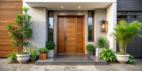 Front entrance to a modern home with a wooden door and plants , entrance, house, home, doorway, exterior, facade