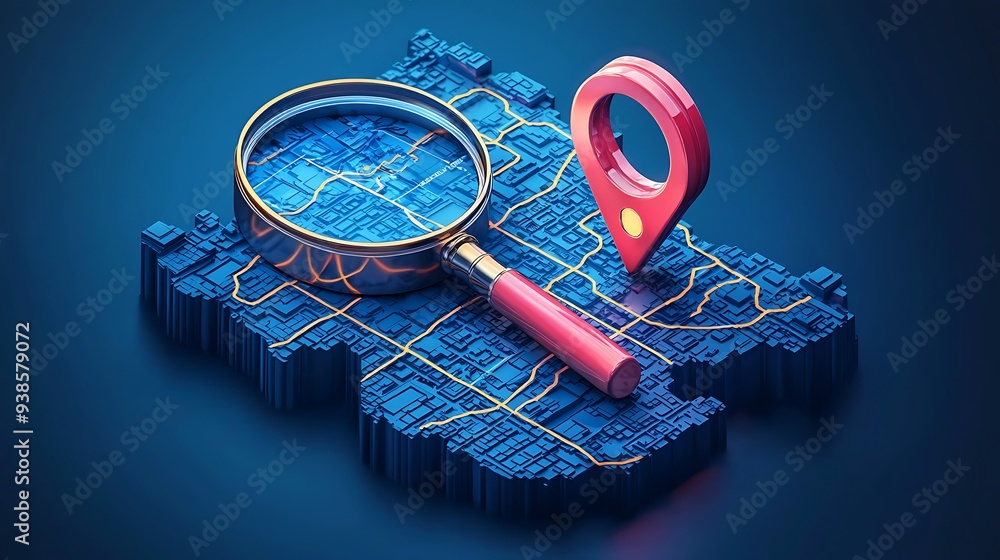 Poster a 3d city map is explored with a magnifying glass, highlighting a location pin.