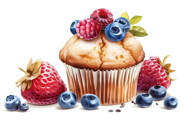 Cupcake with Fresh Berries Illustration.