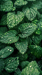 Close Up Green Leaves with Dew Drops: Fresh, Vibrant Portrait Nature Background with Sparkling Water Drops. Vertical Green Leaf with Water-Dropping HD iPhone Mobile Wallpaper