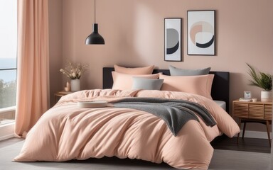 A comfy bedroom with a bed dressed in soft peach fuzz color bedding. Modern trendy tone hue shade