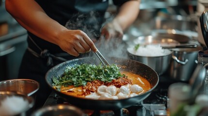 A chef demonstrating the art of making traditional Singaporean Laksa, with a focus on the creamy, spicy broth and fresh toppings.