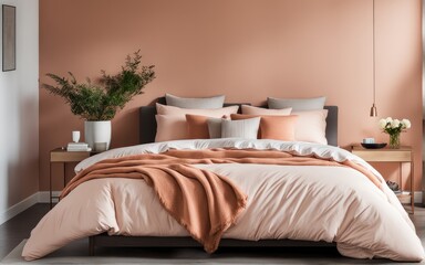 A comfy bedroom with a bed dressed in soft peach fuzz color bedding. Modern trendy tone hue shade