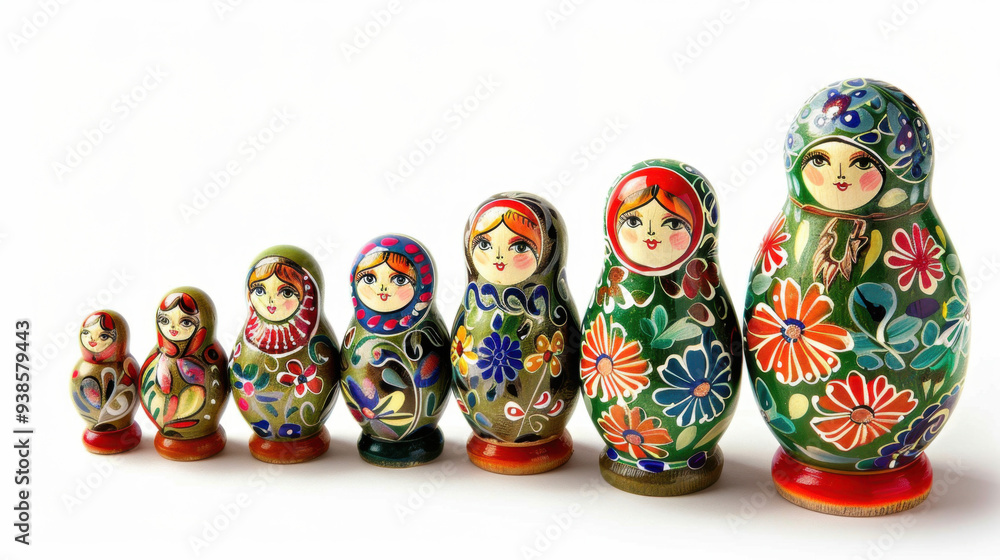 Wall mural The Russian matryoshka doll set includes seven dolls with different sizes and colors