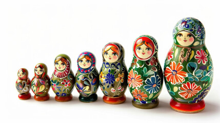 The Russian matryoshka doll set includes seven dolls with different sizes and colors
