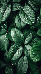 Fototapeta premium Close Up Green Leaves with Dew Drops: Fresh, Vibrant Portrait Nature Background with Sparkling Water Drops. Vertical Green Leaf with Water-Dropping HD iPhone Mobile Wallpaper